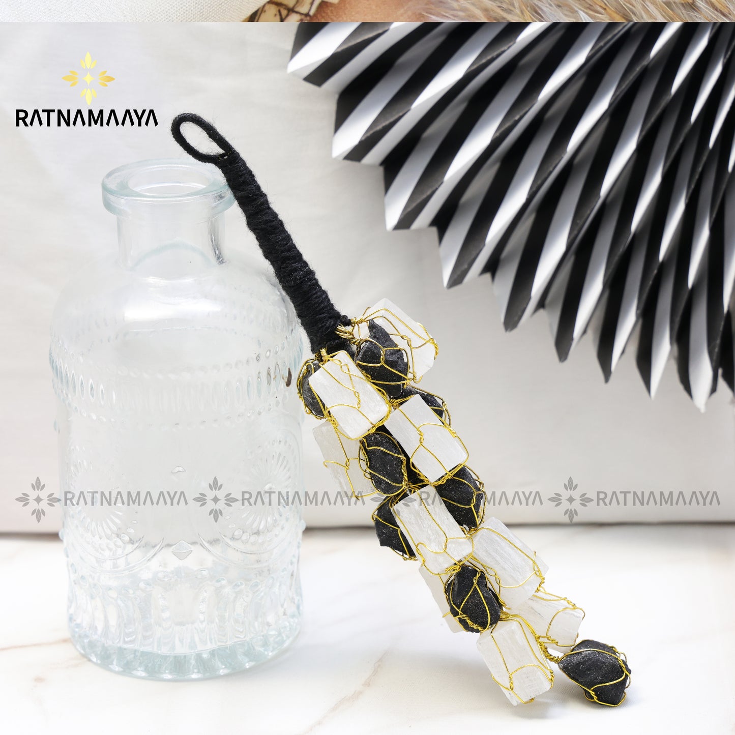 SELENITE & BLACK TOURMALINE HANGER